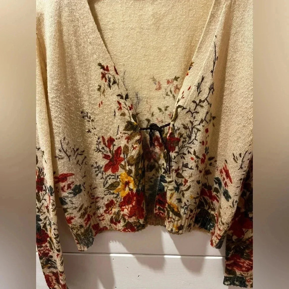 #101 JACQUELINE RIU Tan & flowers pattern cardigan blend wool & mohair size XL - Picture 6 of 11